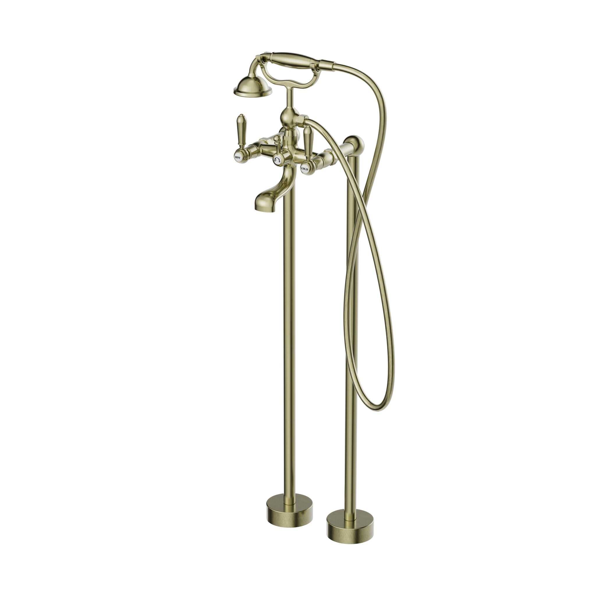 NERO YORK FREESTANDING BATH MIXER WITH METAL HAND SHOWER AGED BRASS