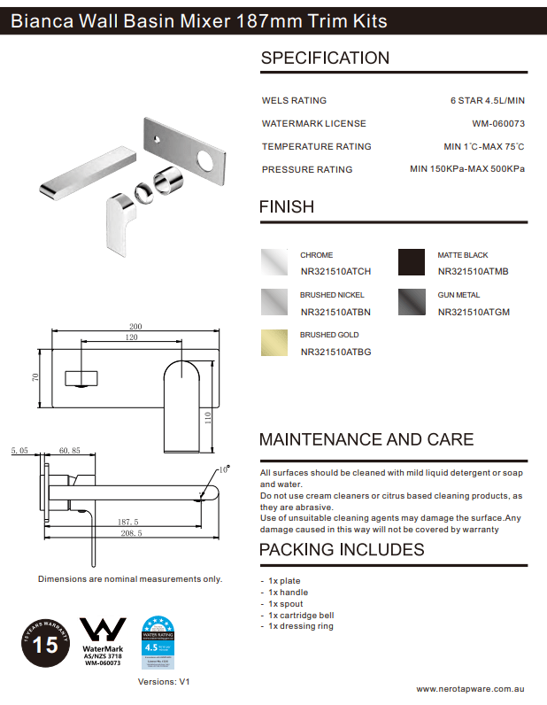 NERO BIANCA WALL BASIN/BATH MIXER 187MM TRIM KITS ONLY MATTE BLACK