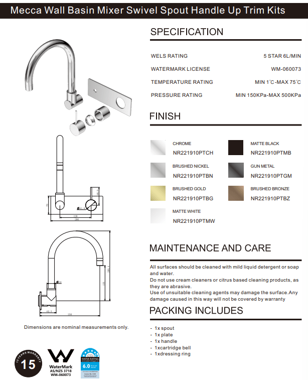 NERO MECCA WALL BASIN/BATH MIXER SWIVEL SPOUT HANDLE UP TRIM KITS ONLY BRUSHED GOLD