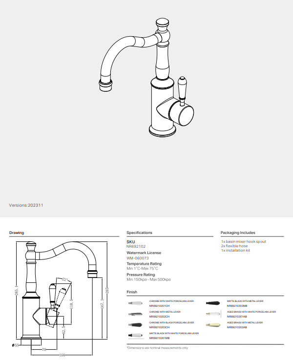 NERO YORK BASIN MIXER HOOK SPOUT WITH WHITE PORCELAIN LEVER MATTE BLACK