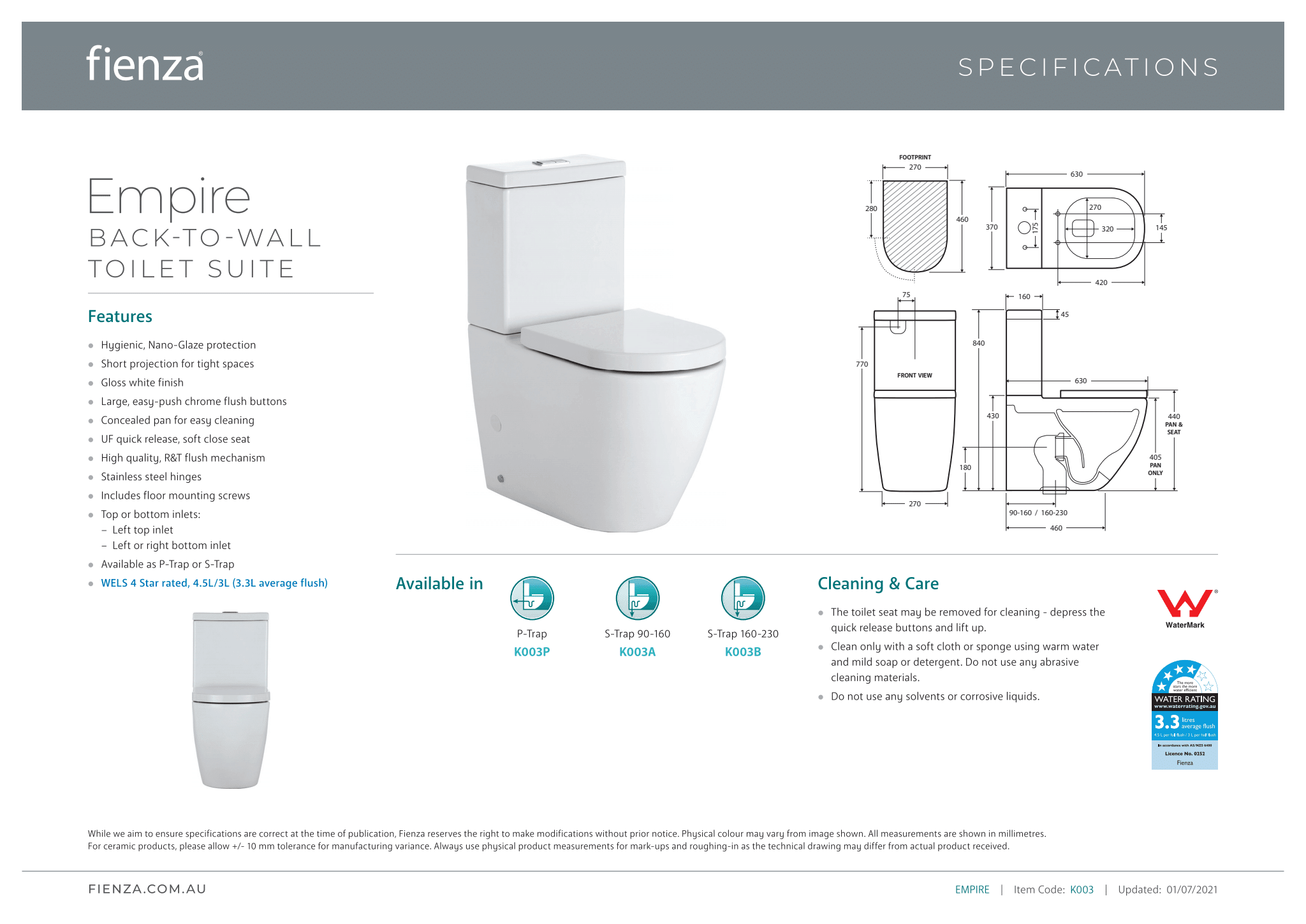 Fienza Empire Back To Wall Toilet Suite