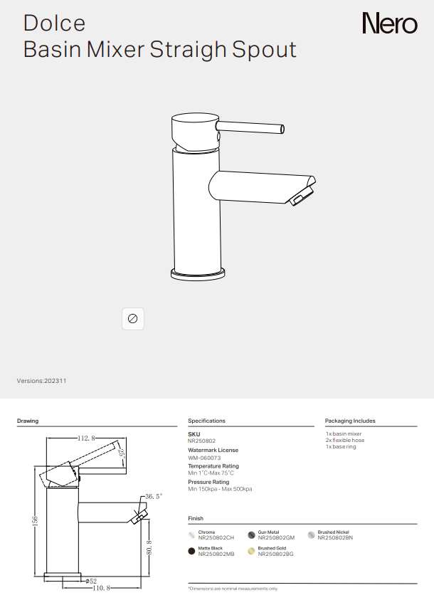 NERO DOLCE BASIN MIXER STRAIGH SPOUT BRUSHED NICKEL