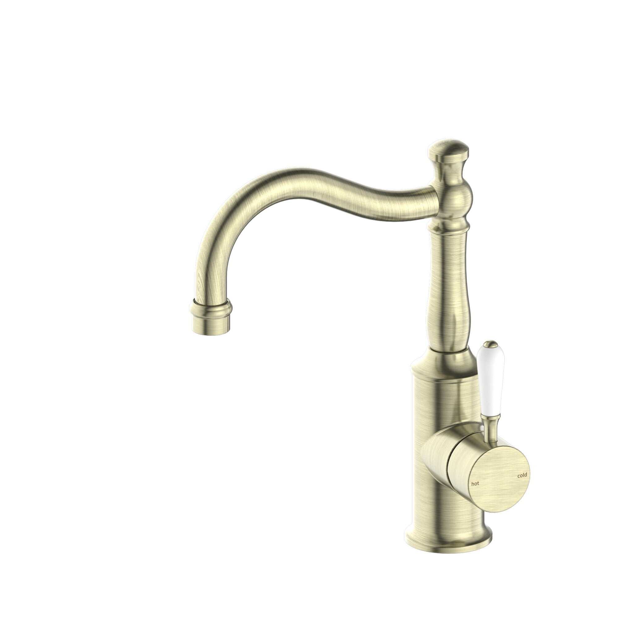 NERO YORK BASIN MIXER HOOK SPOUT WITH WHITE PORCELAIN LEVER AGED BRASS