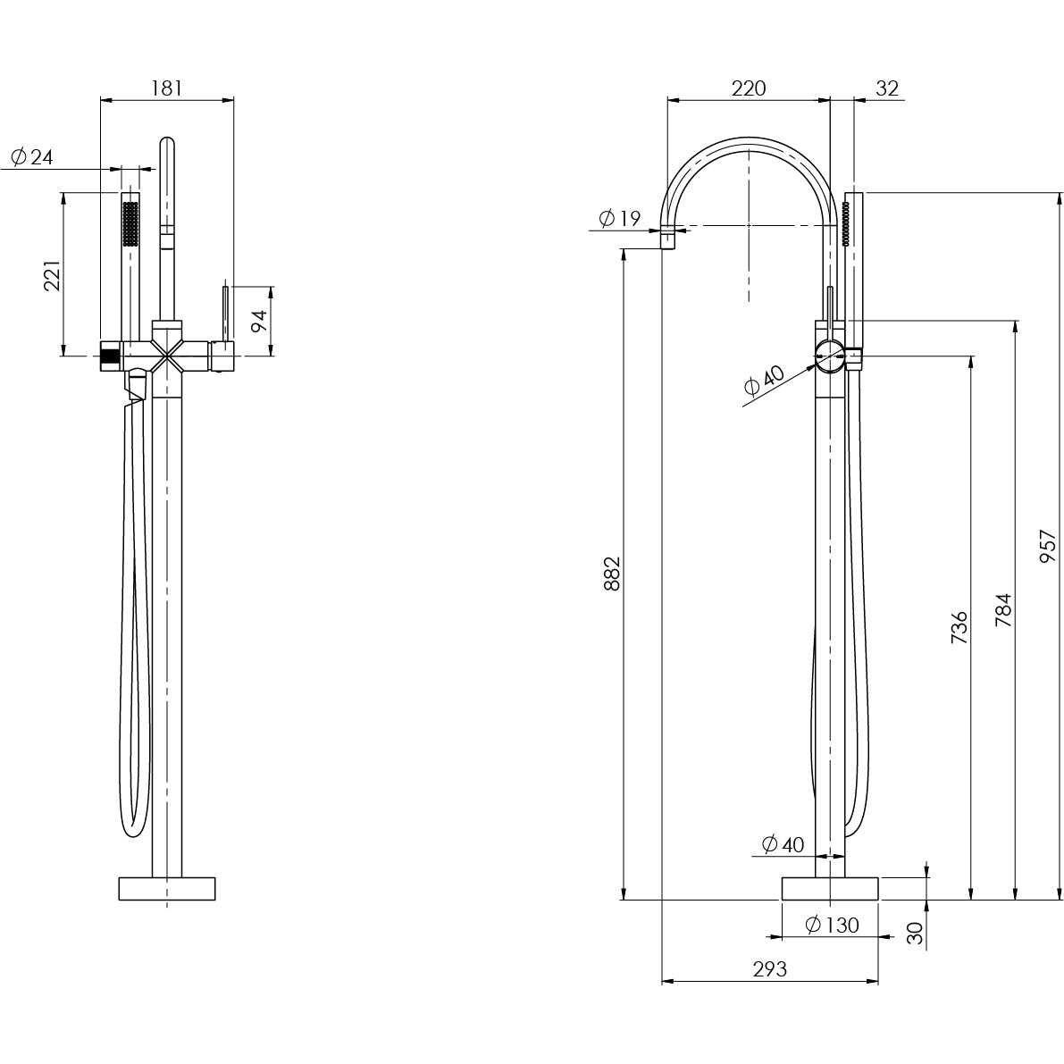 Phoenix Vivid Slimline Floor Mounted Bath Mixer with Hand Shower