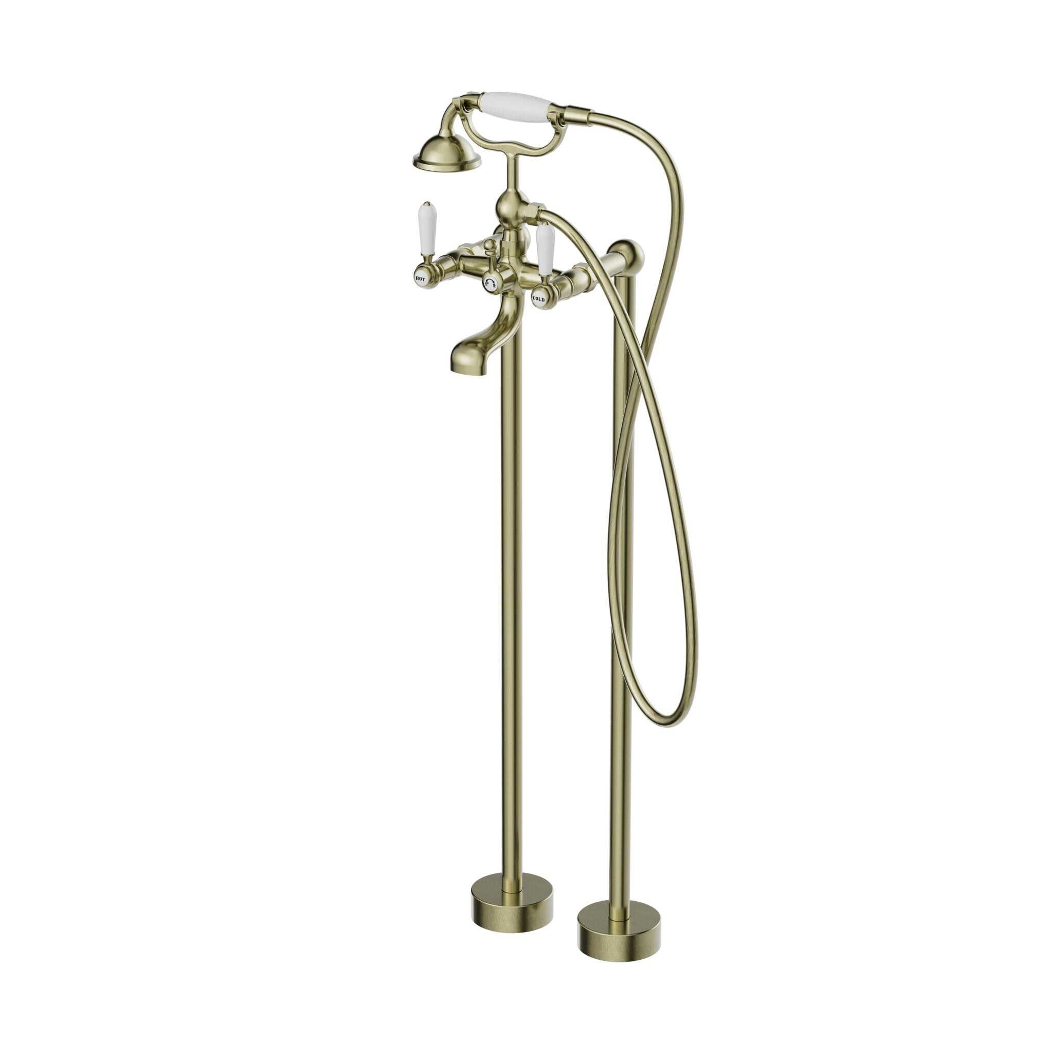 NERO YORK FREESTANDING BATH MIXER WITH WHITE PORCELAIN HAND SHOWER AGED BRASS