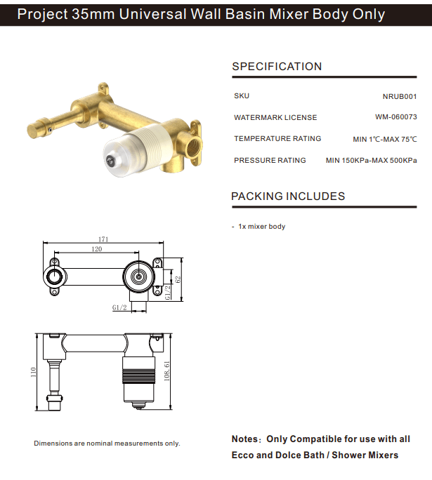 NERO PROJECT 35MM UNIVERSAL WALL BASIN/BATH MIXER BODY ONLY