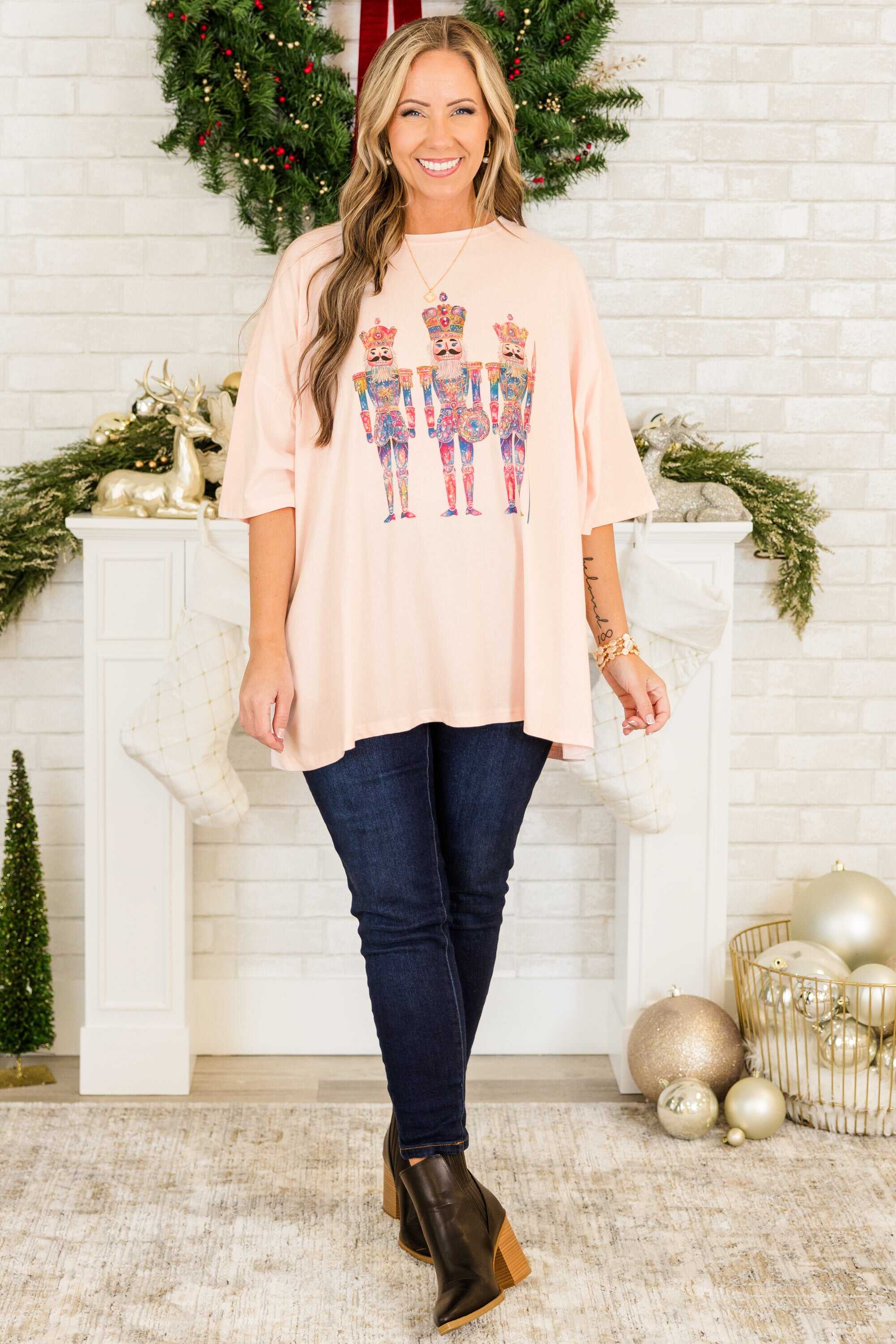 Nutcracker Chic Boyfriend Tee, Cream Pink