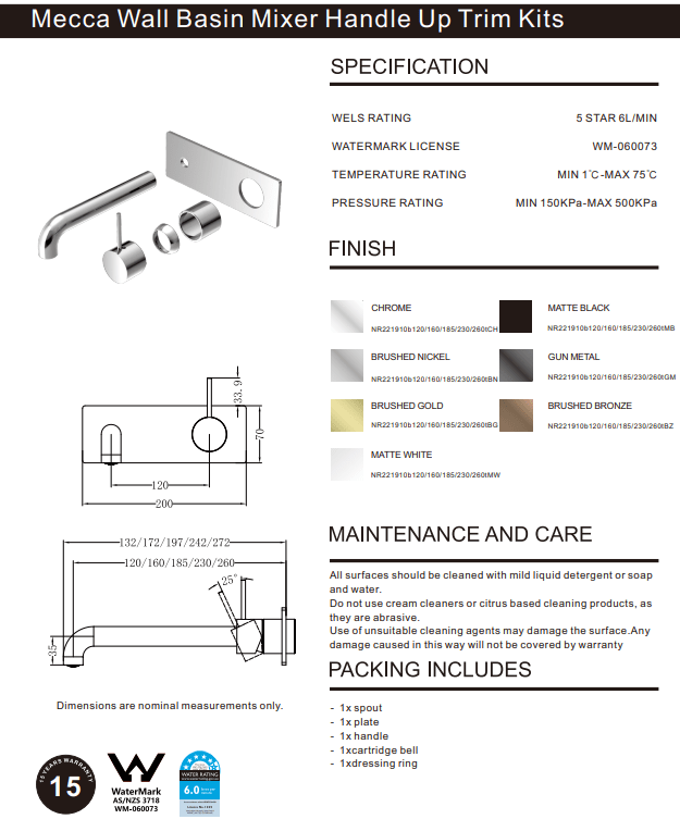 NERO MECCA WALL BASIN/BATH MIXER HANDLE UP 160MM MATTE BLACK