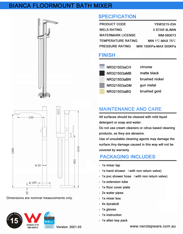 NERO BIANCA FREESTANDING BATH MIXER WITH HAND SHOWER CHROME