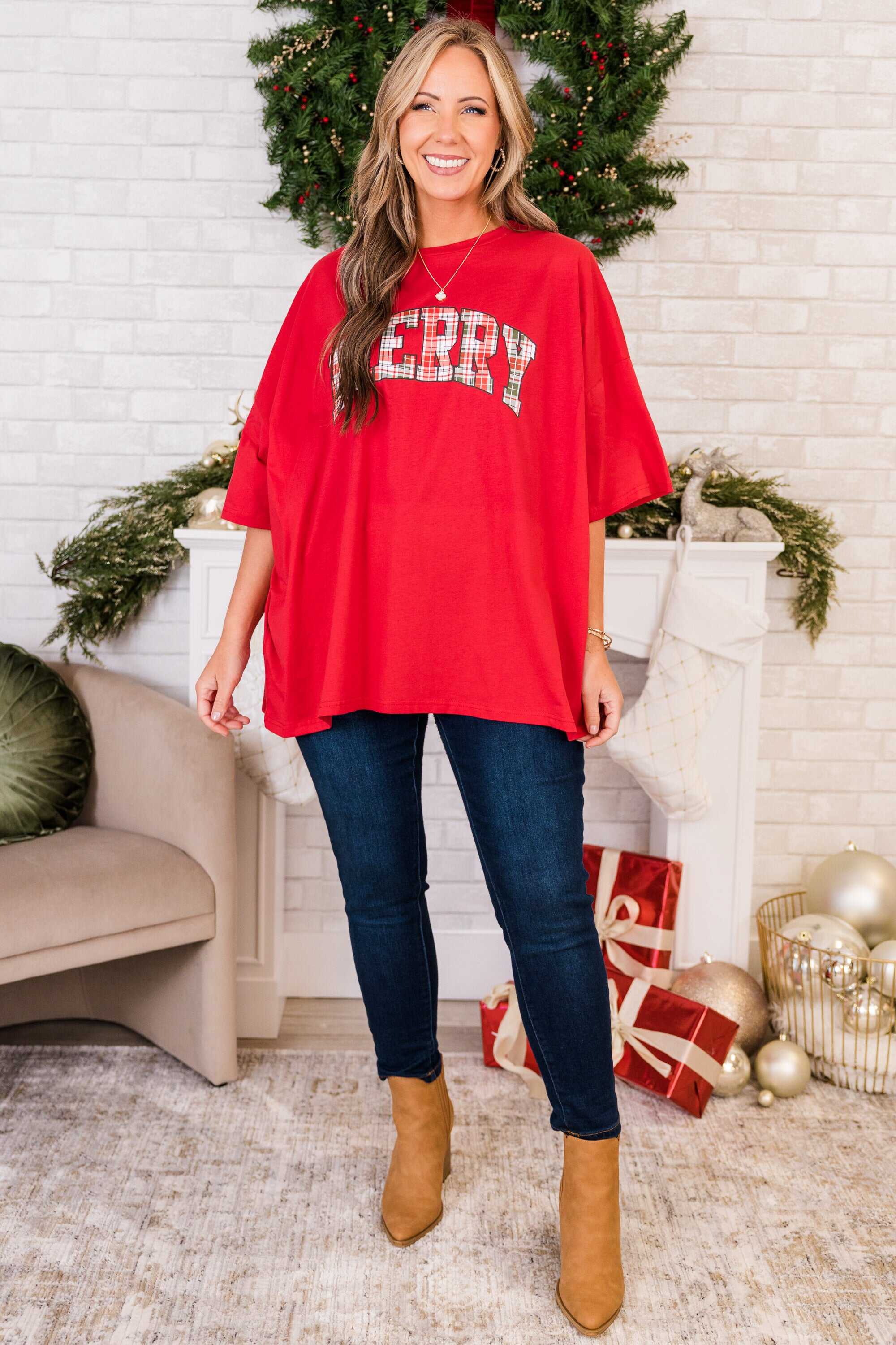 Merry and Plaid Boyfriend Tee, Red