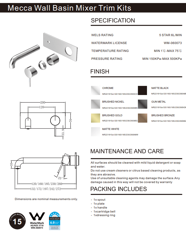 NERO MECCA WALL BASIN/BATH MIXER 120MM TRIM KITS ONLY BRUSHED BRONZE