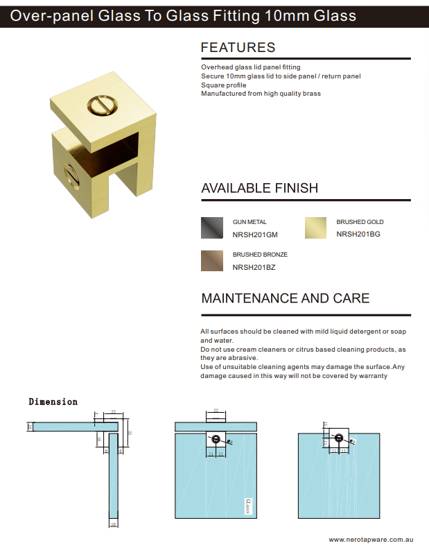 OVER-PANEL GLASS TO GLASS FITTING 10MM GLASS BRUSHED GOLD