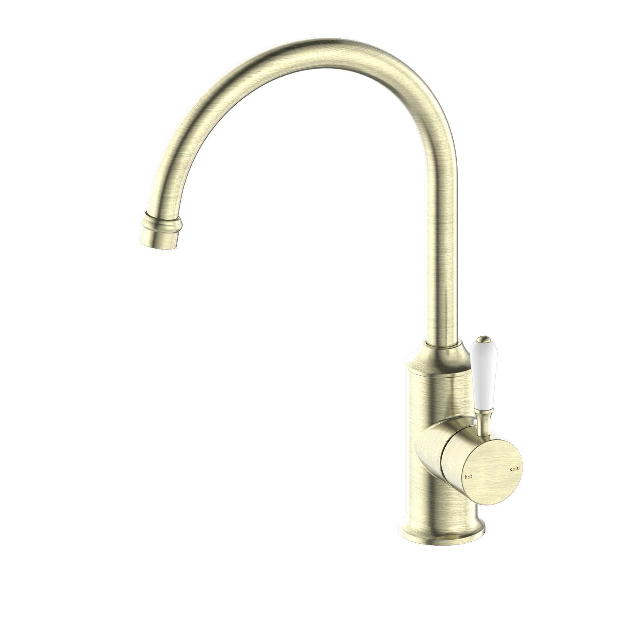 NERO YORK KITCHEN MIXER GOOSNECK SPOUT WITH WHITE PORCELAIN LEVER AGED BRASS