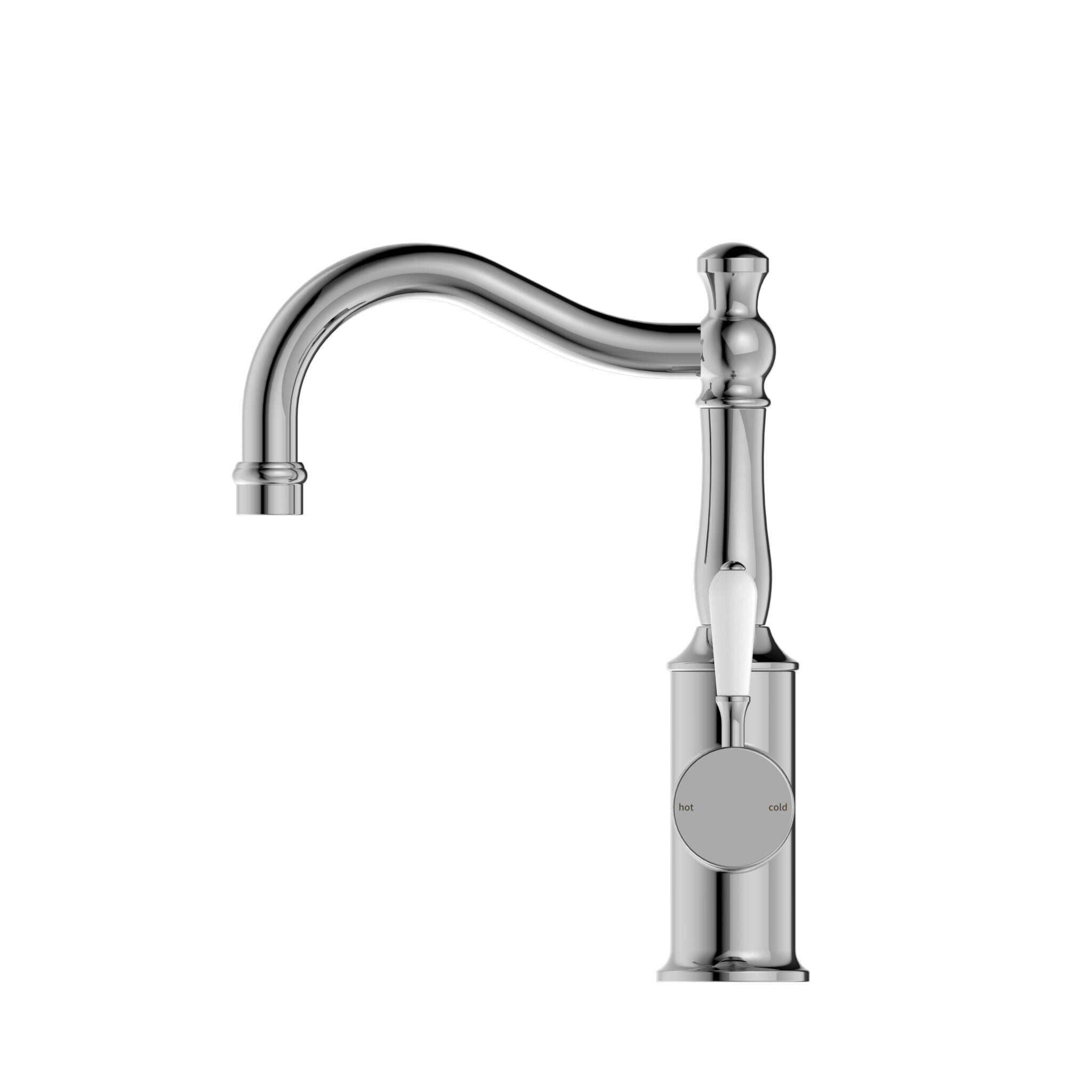 NERO YORK BASIN MIXER HOOK SPOUT WITH WHITE PORCELAIN LEVER CHROME