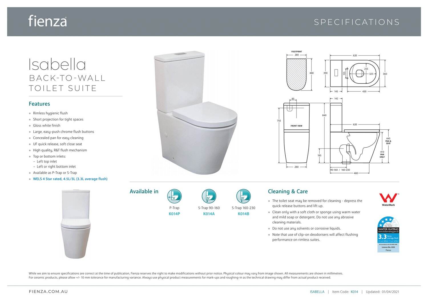 Fienza Isabella Back To Wall Toilet Suite