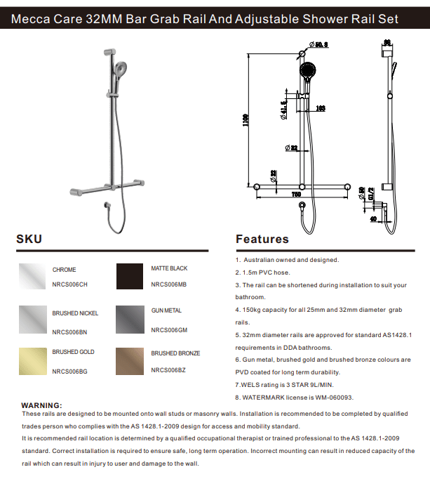 32MM T BAR GRAB RAIL AND ADJUSTABLE SHOWER SET 1100X750MM MATTE BLACK