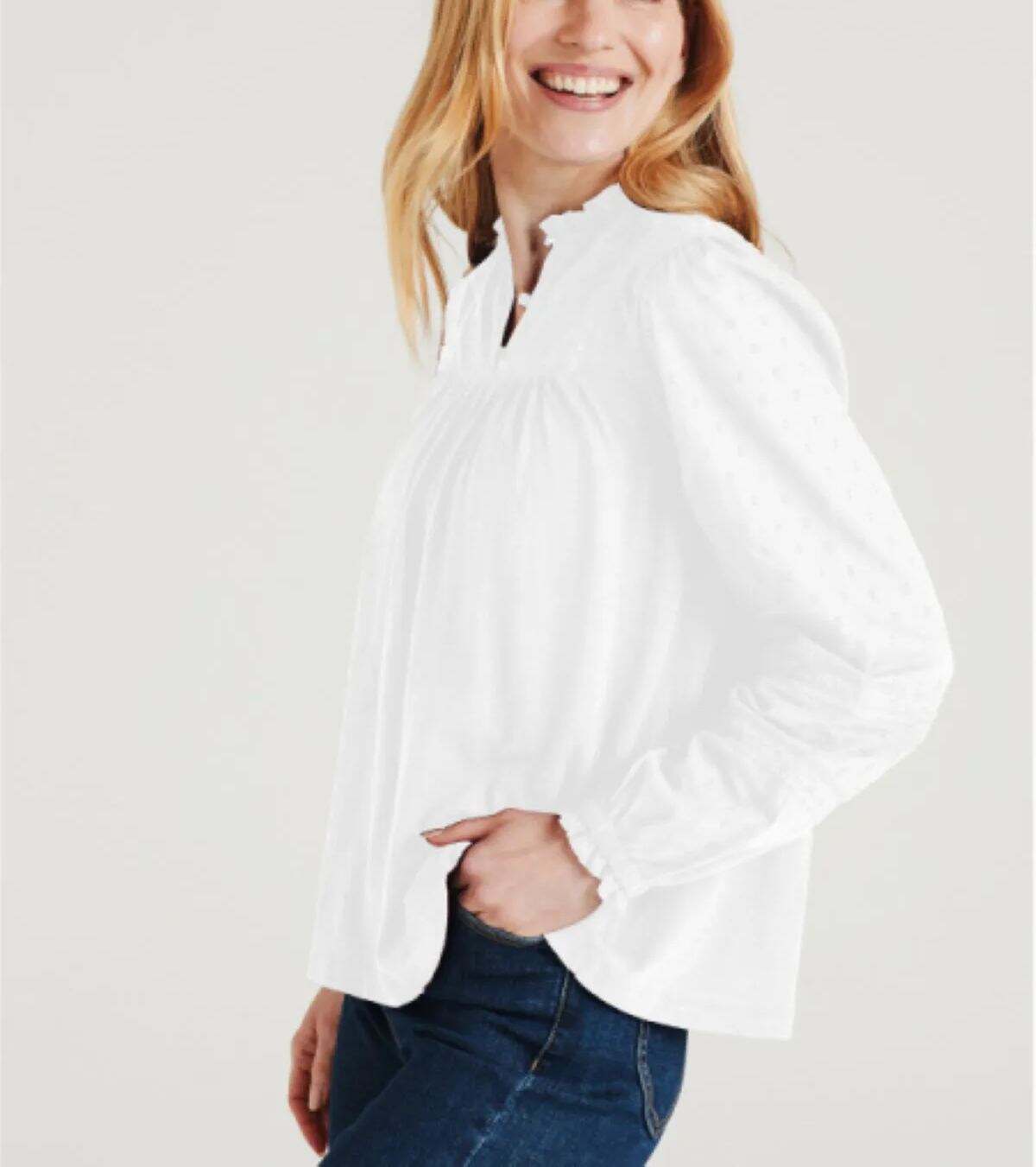 High Frill Neck Jersey Top  - White