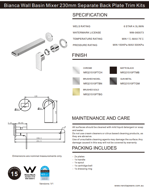 WALL BASIN/BATH MIXER SEPARATE BACK PLATE 230MM TRIM KITS ONLY BRUSHED GOLD