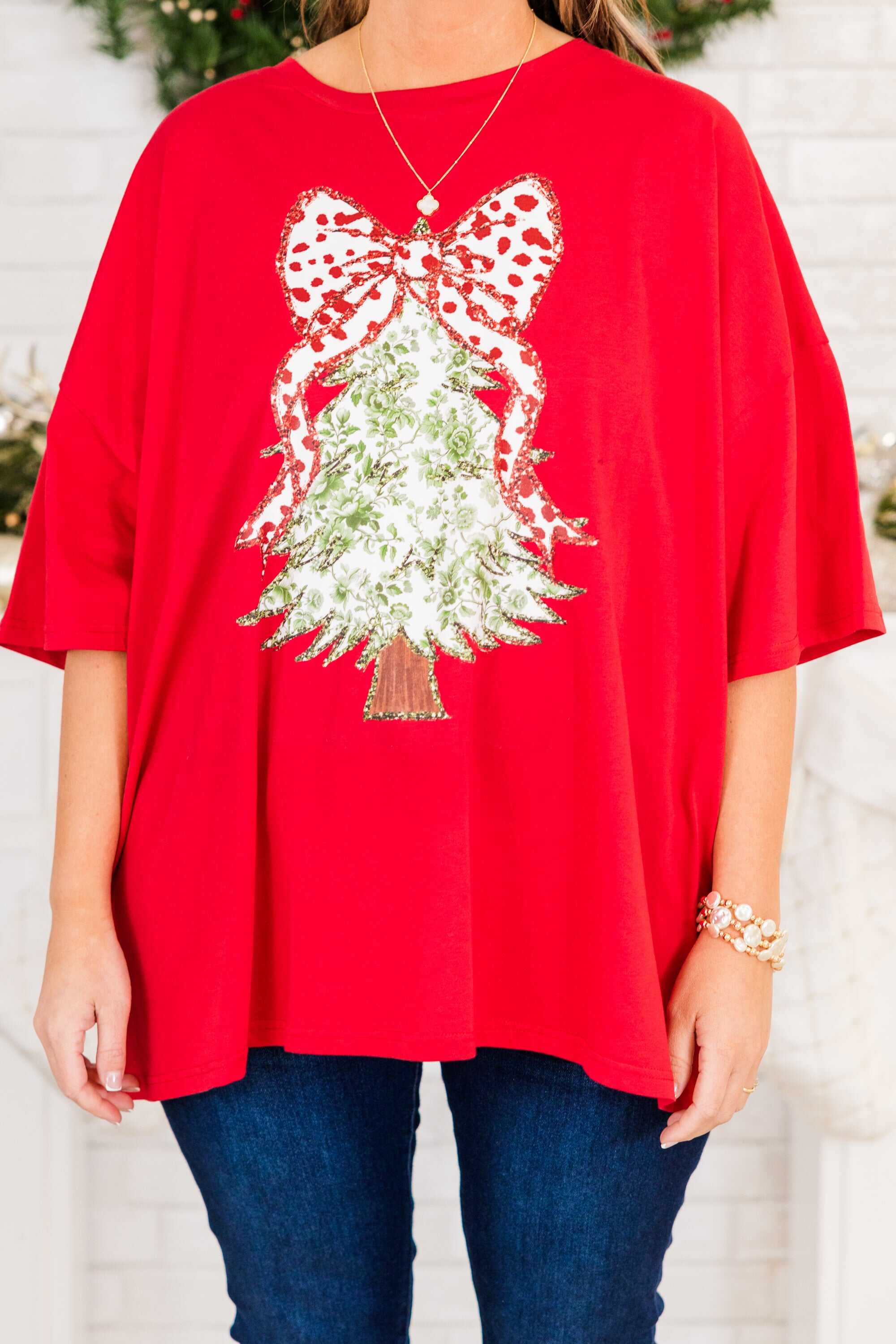 Postcards At Christmas Boyfriend Tee, Red