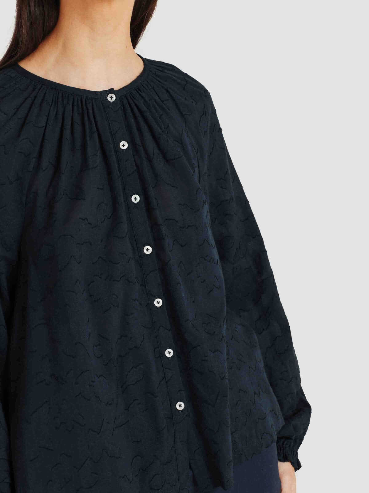 Floral Jacquard Blouse - Navy