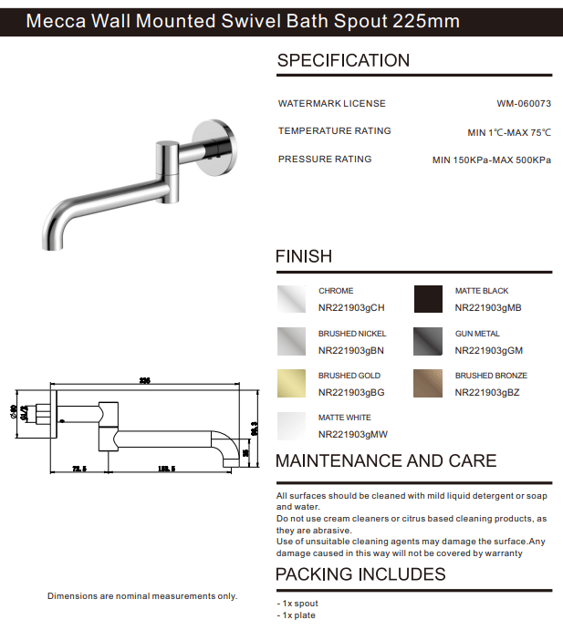 NERO MECCA WALL MOUNTED SWIVEL BASIN/BATH SPOUT ONLY 225MM MATTE BLACK