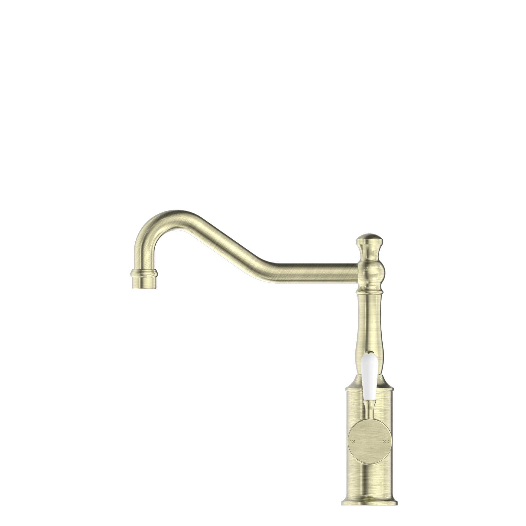 NERO YORK KITCHEN MIXER HOOK SPOUT WITH WHITE PORCELAIN LEVER AGED BRASS