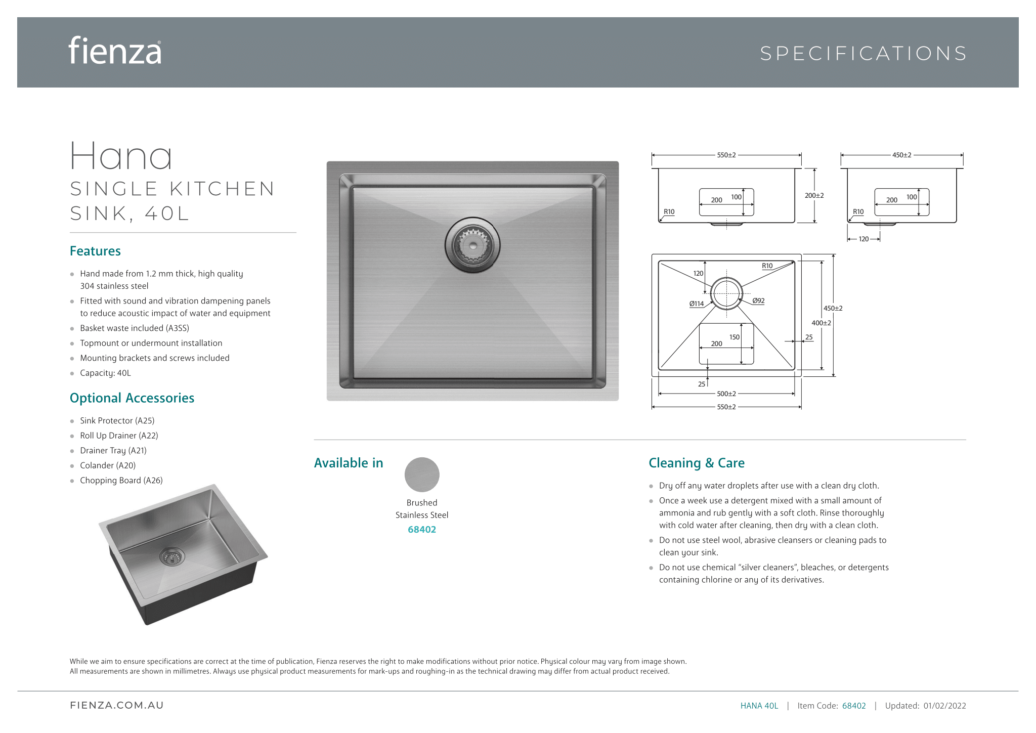 Fienza Hana Hana 40L Single Kitchen Sink