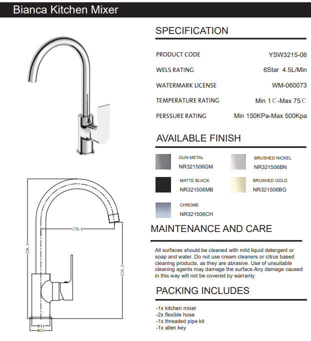 NERO BIANCA KTICHEN MIXER GOOSENECK SPOUT CHROME