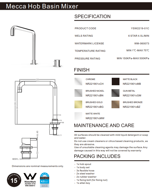 NERO MECCA HOB BASIN MIXER SQUARE SWIVEL SPOUT CHROME