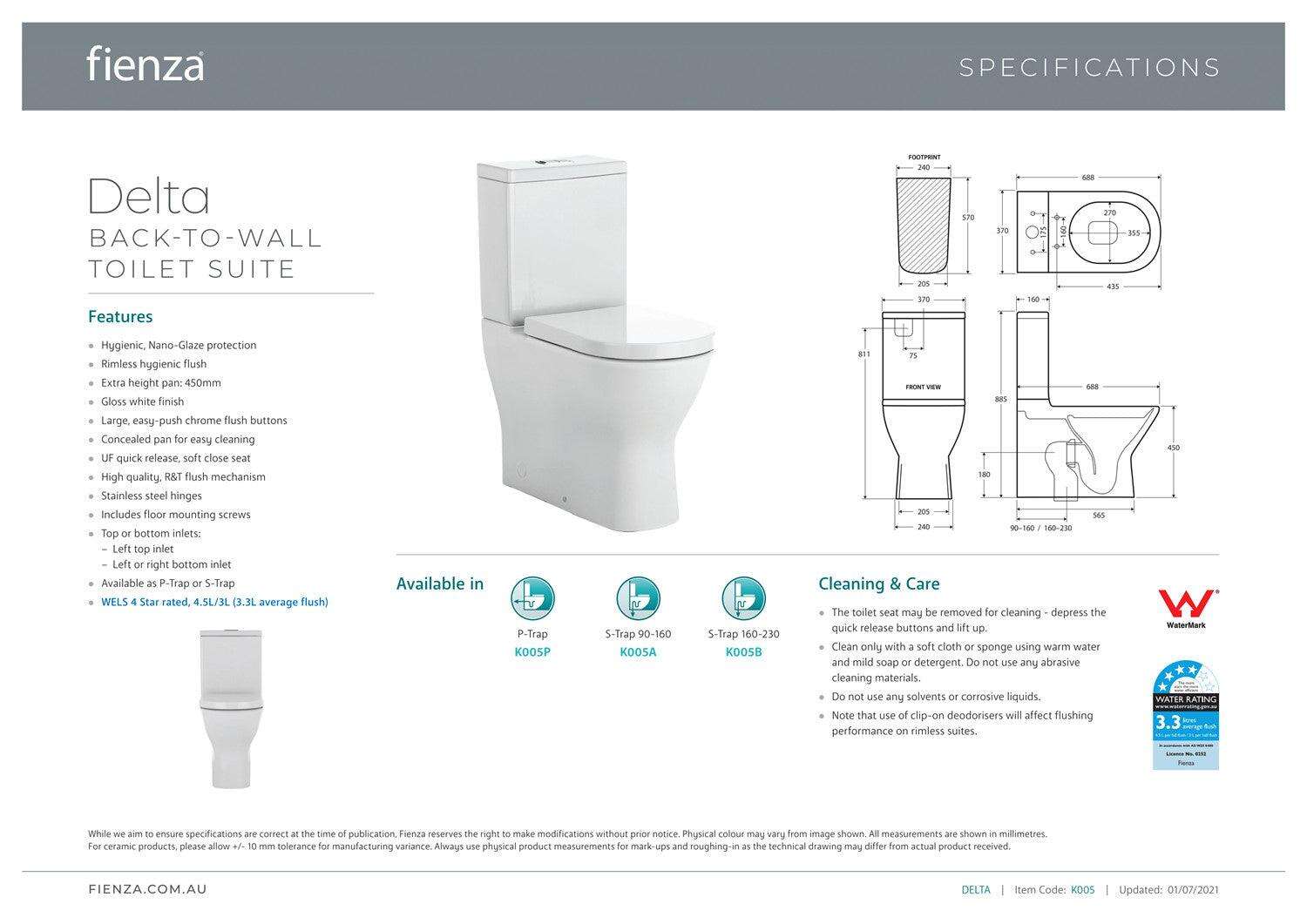 Fienza Delta Back To Wall Toilet Suite