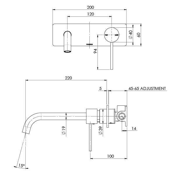 Phoenix Vivid Slimline Wall Basin/ Bath Mixer Set 230mm Curved