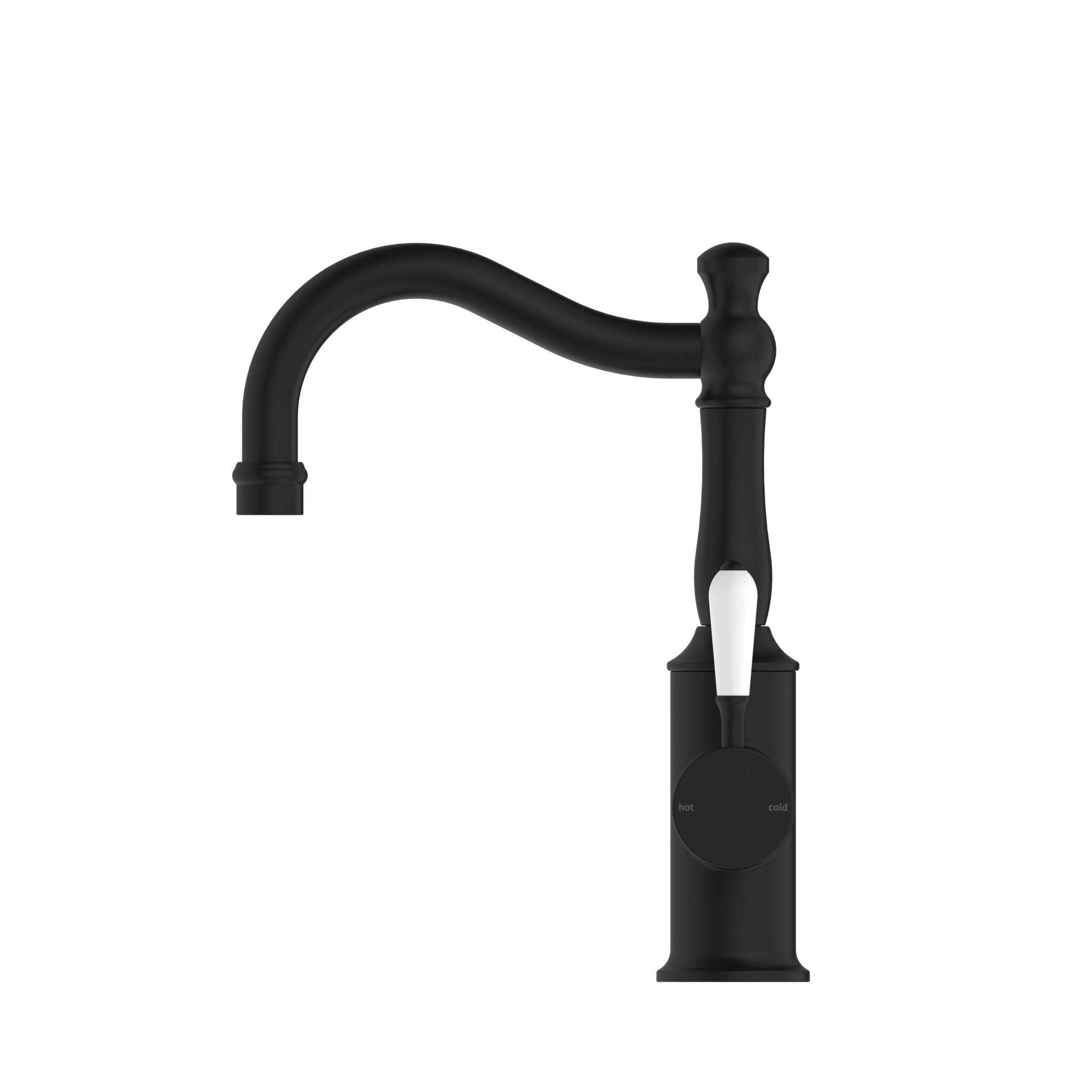 NERO YORK BASIN MIXER HOOK SPOUT WITH WHITE PORCELAIN LEVER MATTE BLACK