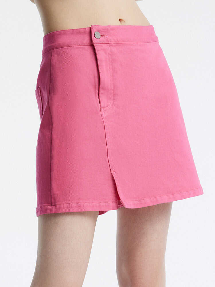 Rose Pink Slit Denim Short Skirt